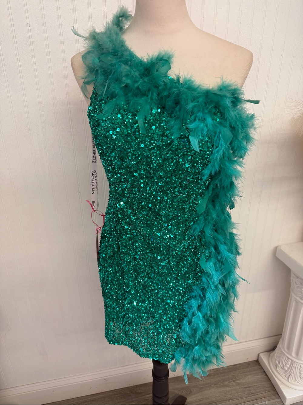 Rachel Allan Teal Sequin One-Shoulder Feather Dress